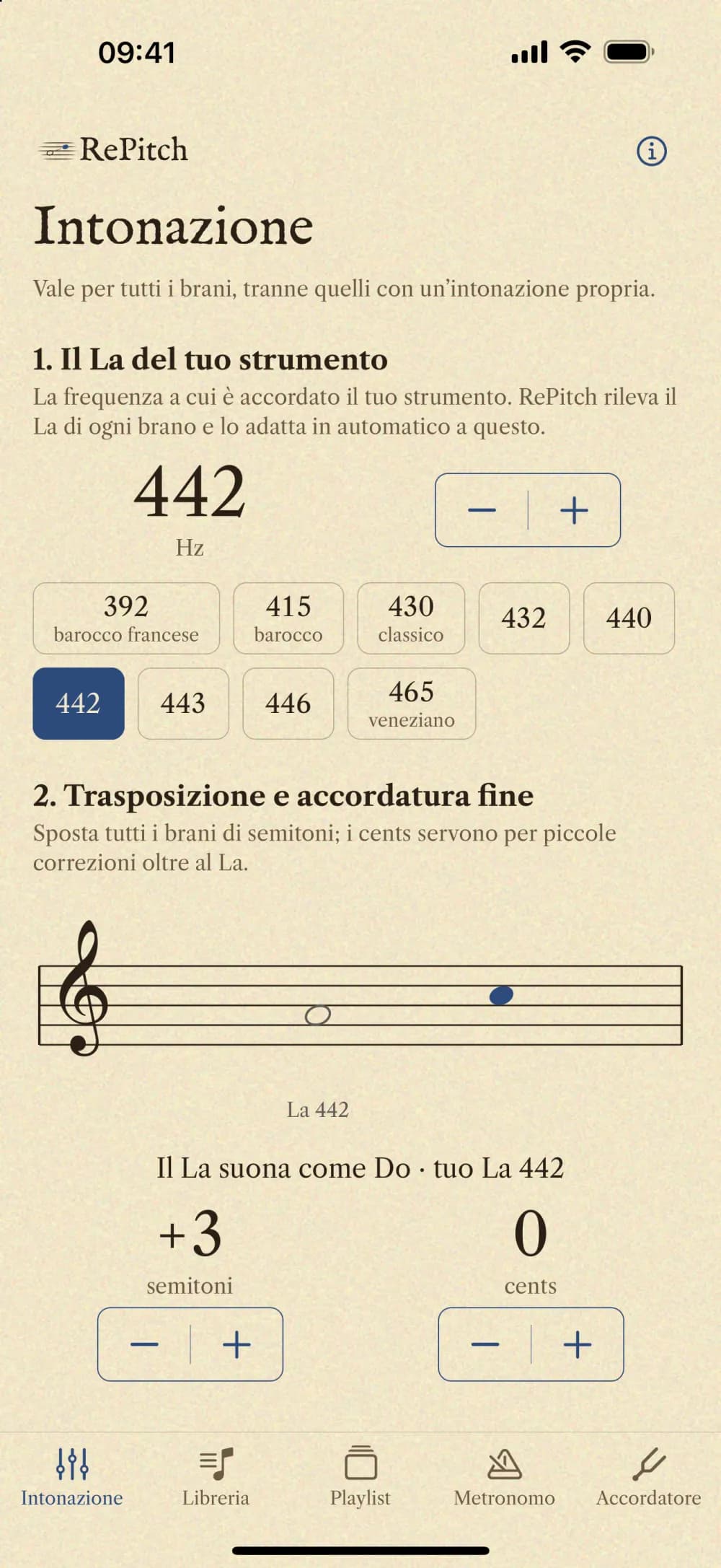 RePitch: schermata Intonazione con i preset 392, 415 e 440 Hz